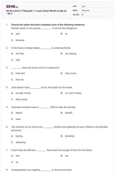 Đề thi cuối kì 2 Tiếng Anh 7 i-Learn Smart World có đáp án - Đề 3