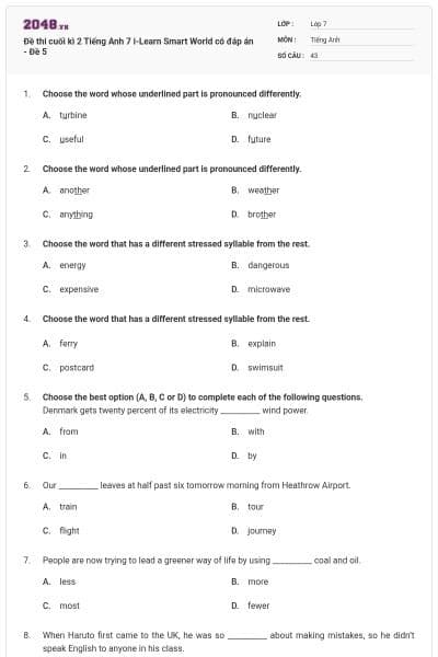 Đề thi cuối kì 2 Tiếng Anh 7 i-Learn Smart World có đáp án - Đề 5
