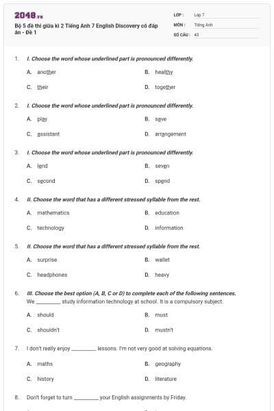 Bộ 5 đề thi giữa kì 2 Tiếng Anh 7 English Discovery có đáp án - Đề 1