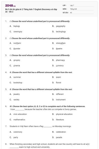 Bộ 5 đề thi giữa kì 2 Tiếng Anh 7 English Discovery có đáp án - Đề 2