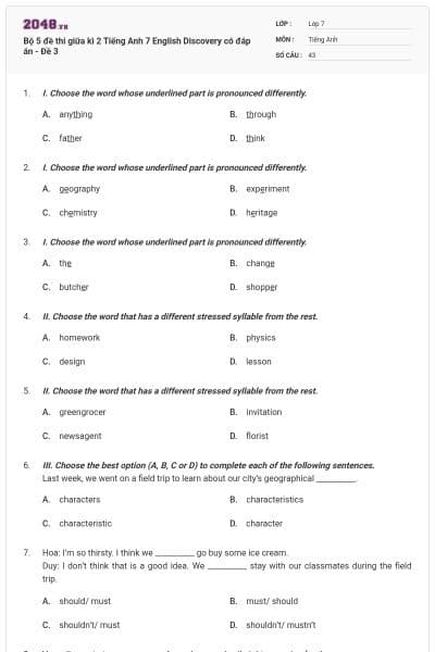 Bộ 5 đề thi giữa kì 2 Tiếng Anh 7 English Discovery có đáp án - Đề 3