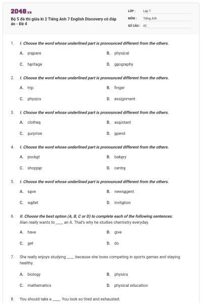 Bộ 5 đề thi giữa kì 2 Tiếng Anh 7 English Discovery có đáp án - Đề 4