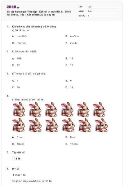 Bài tập hàng ngày Toán lớp 1 Kết nối tri thức Bài 21. Số có hai chữ số. Tiết 1. Các số đến 20 có đáp án