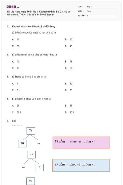 Bài tập hàng ngày Toán lớp 1 Kết nối tri thức Bài 21. Số có hai chữ số. Tiết 4. Các số đến 99 có đáp án
