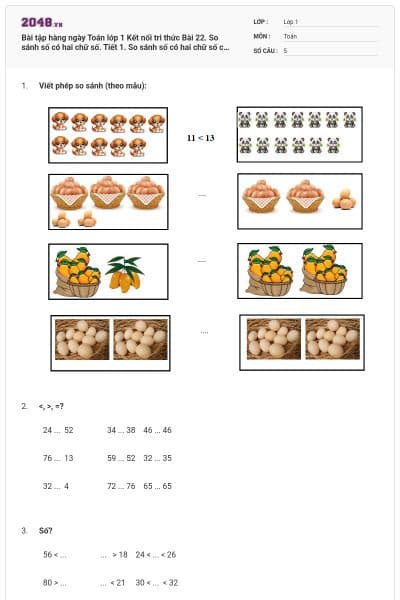 Bài tập hàng ngày Toán lớp 1 Kết nối tri thức Bài 22. So sánh số có hai chữ số. Tiết 1. So sánh số có hai chữ số có đáp án