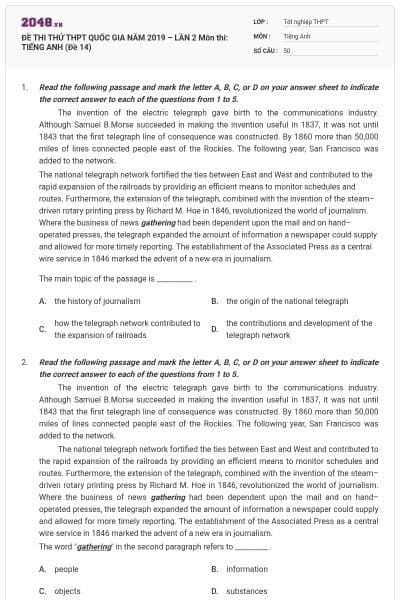 ĐỀ THI THỬ THPT QUỐC GIA NĂM 2019 – LẦN 2 Môn thi: TIẾNG ANH (Đề 14)