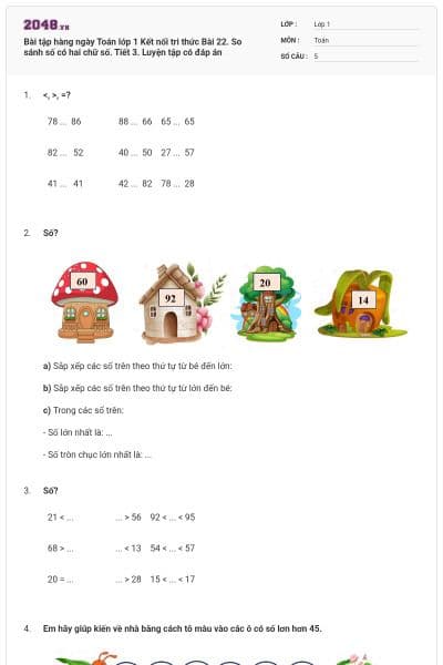 Bài tập hàng ngày Toán lớp 1 Kết nối tri thức Bài 22. So sánh số có hai chữ số. Tiết 3. Luyện tập có đáp án