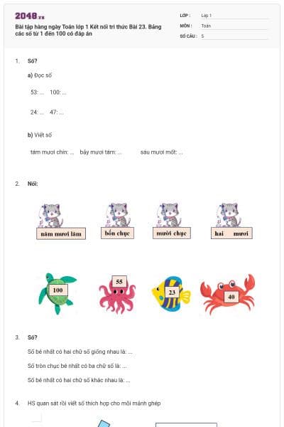 Bài tập hàng ngày Toán lớp 1 Kết nối tri thức Bài 23. Bảng các số từ 1 đến 100 có đáp án