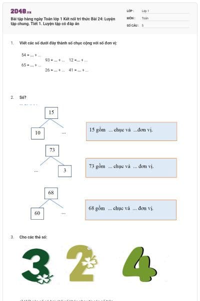 Bài tập hàng ngày Toán lớp 1 Kết nối tri thức Bài 24: Luyện tập chung. Tiết 1. Luyện tập có đáp án