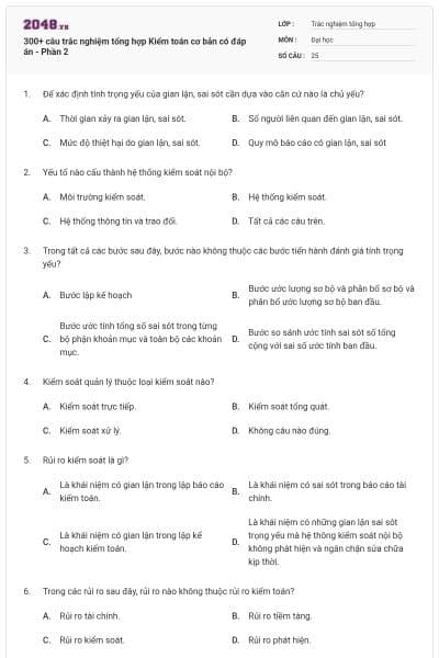 300+ câu trắc nghiệm tổng hợp Kiểm toán cơ bản có đáp án - Phần 2