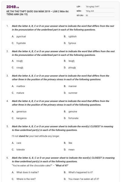 ĐỀ THI THỬ THPT QUỐC GIA NĂM 2019 – LẦN 2 Môn thi: TIẾNG ANH (Đề 15)