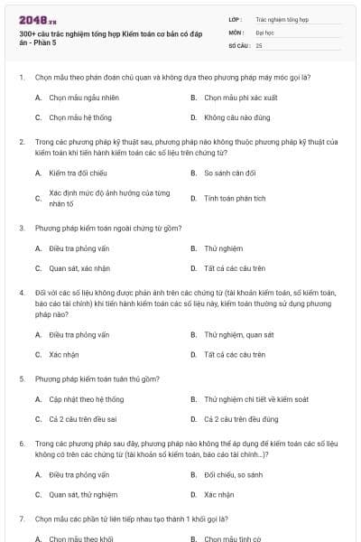 300+ câu trắc nghiệm tổng hợp Kiểm toán cơ bản có đáp án - Phần 5