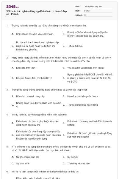300+ câu trắc nghiệm tổng hợp Kiểm toán cơ bản có đáp án - Phần 6