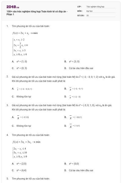 100+ câu trắc nghiệm tổng hợp Toán kinh tế có đáp án - Phần 1
