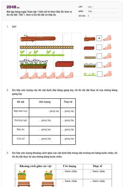 Bài tập hàng ngày Toán lớp 1 Kết nối tri thức Bài 26: Đơn vị đo độ dài. Tiết 1. Đơn vị đo độ dài có đáp án
