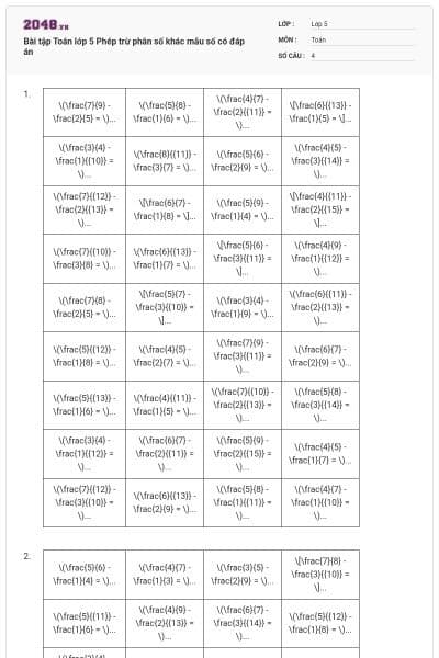 Bài tập Toán lớp 5 Phép trừ phân số khác mẫu số có đáp án