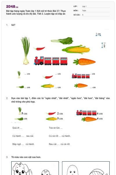 Bài tập hàng ngày Toán lớp 1 Kết nối tri thức Bài 27: Thực hành ước lượng và đo độ dài. Tiết 2. Luyện tập có đáp án
