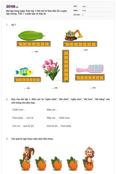 Bài tập hàng ngày Toán lớp 1 Kết nối tri thức Bài 28: Luyện tập chung. Tiết 1. Luyện tập có đáp án