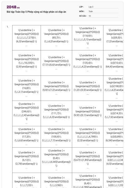 Bài tập Toán lớp 5 Phép cộng số thập phân có đáp án