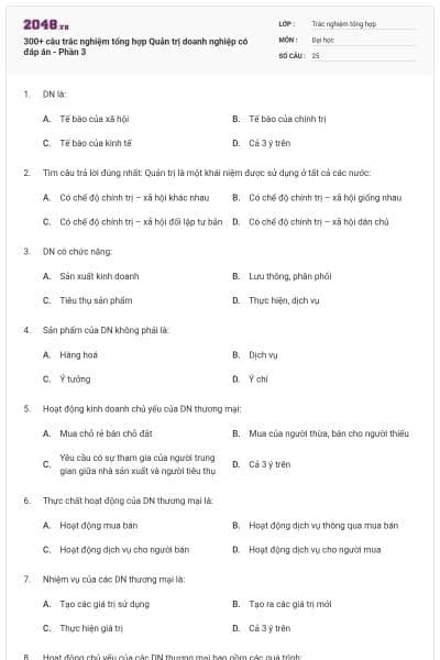300+ câu trắc nghiệm tổng hợp Quản trị doanh nghiệp có đáp án - Phần 3