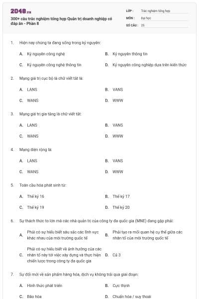 300+ câu trắc nghiệm tổng hợp Quản trị doanh nghiệp có đáp án - Phần 8