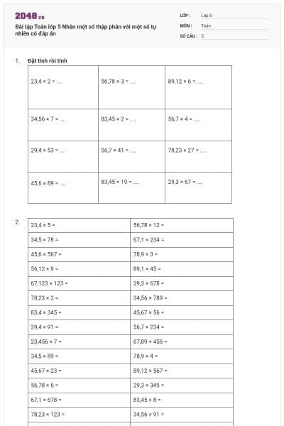 Bài tập Toán lớp 5 Nhân một số thập phân với một số tự nhiên có đáp án