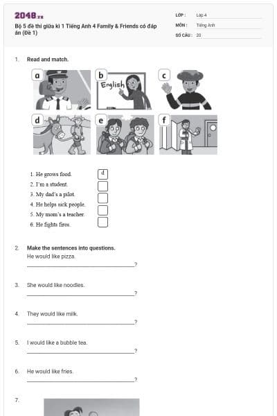 Bộ 5 đề thi giữa kì 1 Tiếng Anh 4 Family & Friends có đáp án (Đề 1)