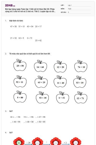 Bài tập hàng ngày Toán lớp 1 Kết nối tri thức Bài 30: Phép cộng số 2 chữ số với số 2 chữ số. Tiết 2. Luyện tập có đáp án