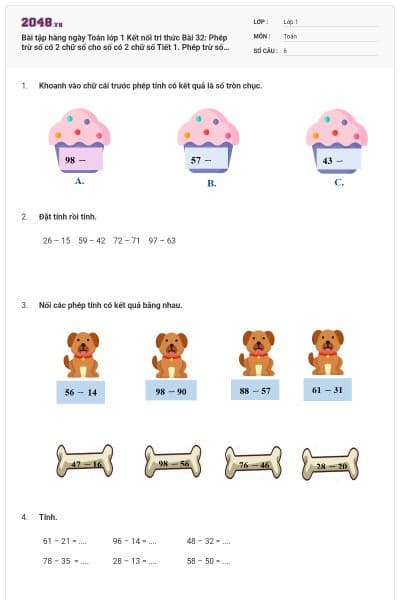 Bài tập hàng ngày Toán lớp 1 Kết nối tri thức Bài 32: Phép trừ số có 2 chữ số cho số có 2 chữ số Tiết 1. Phép trừ số có 2 chữ số cho số có 2 chữ số có đáp án