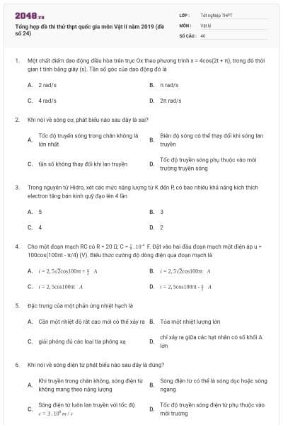 Tổng hợp đề thi thử thpt quốc gia môn Vật lí năm 2019 (đề số 24)