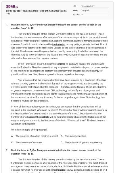 Đề thi thử THPT Quốc Gia môn Tiếng anh năm 2020 (Đề số 16)