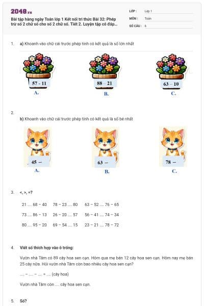 Bài tập hàng ngày Toán lớp 1 Kết nối tri thức Bài 32: Phép trừ số 2 chữ số cho số 2 chữ số. Tiết 2. Luyện tập có đáp án