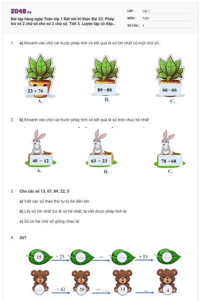 Bài tập hàng ngày Toán lớp 1 Kết nối tri thức Bài 32: Phép trừ số 2 chữ số cho số 2 chữ số. Tiết 3. Luyện tập có đáp án
