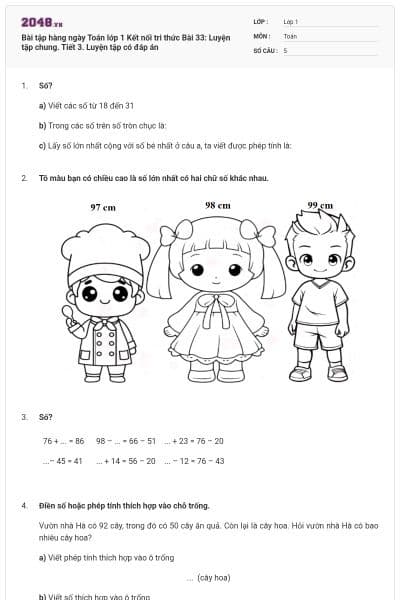 Bài tập hàng ngày Toán lớp 1 Kết nối tri thức Bài 33: Luyện tập chung. Tiết 3. Luyện tập có đáp án