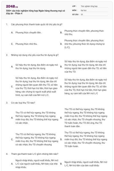 500+ câu trắc nghiệm tổng hợp Ngân hàng thương mại có đáp án - Phần 4