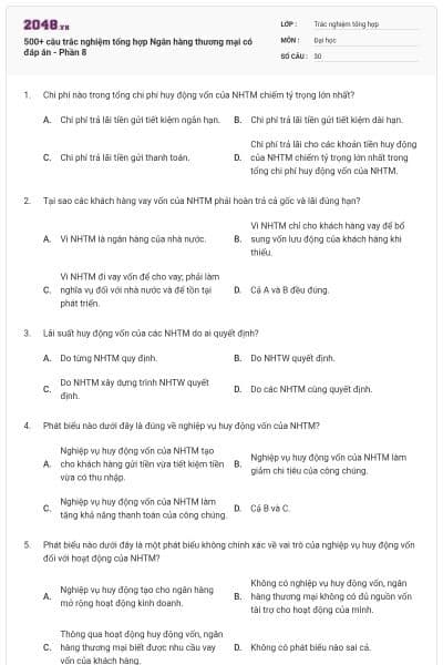 500+ câu trắc nghiệm tổng hợp Ngân hàng thương mại có đáp án - Phần 8