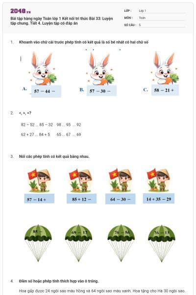 Bài tập hàng ngày Toán lớp 1 Kết nối tri thức Bài 33: Luyện tập chung. Tiết 4. Luyện tập có đáp án