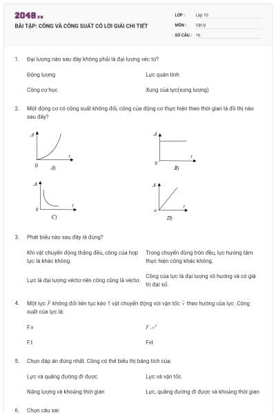 BÀI TẬP: CÔNG VÀ CÔNG SUẤT CÓ LỜI GIẢI CHI TIẾT