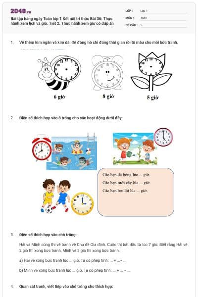 Bài tập hàng ngày Toán lớp 1 Kết nối tri thức Bài 36: Thực hành xem lịch và giờ. Tiết 2. Thực hành xem giờ có đáp án