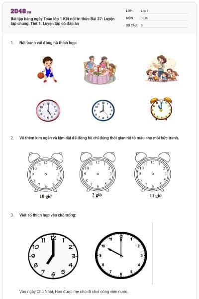 Bài tập hàng ngày Toán lớp 1 Kết nối tri thức Bài 37: Luyện tập chung. Tiết 1. Luyện tập có đáp án