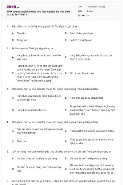 500+ câu trắc nghiệm tổng hợp Trắc nghiệm Kế toán thuế có đáp án - Phần 1