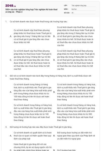 500+ câu trắc nghiệm tổng hợp Trắc nghiệm Kế toán thuế có đáp án - Phần 2