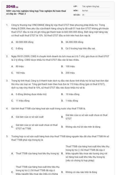 500+ câu trắc nghiệm tổng hợp Trắc nghiệm Kế toán thuế có đáp án - Phần 3