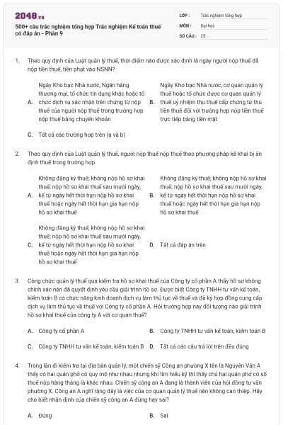 500+ câu trắc nghiệm tổng hợp Trắc nghiệm Kế toán thuế có đáp án - Phần 9