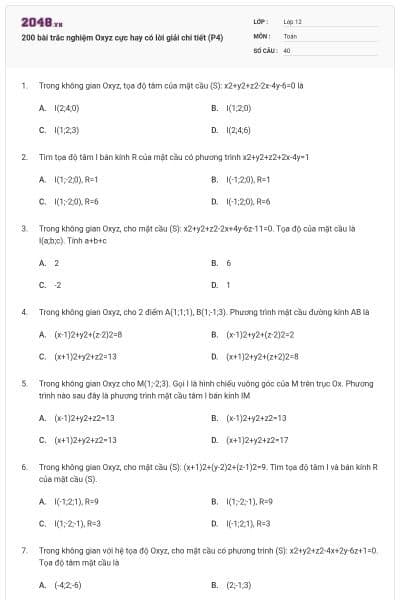200 bài trắc nghiệm Oxyz cực hay có lời giải chi tiết (P4)