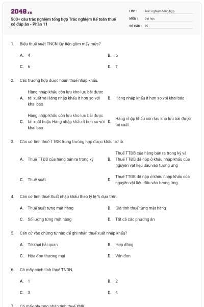 500+ câu trắc nghiệm tổng hợp Trắc nghiệm Kế toán thuế có đáp án - Phần 11