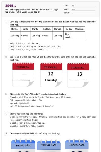 Bài tập hàng ngày Toán lớp 1 Kết nối tri thức Bài 37: Luyện tập chung. Tiết 2. Luyện tập có đáp án