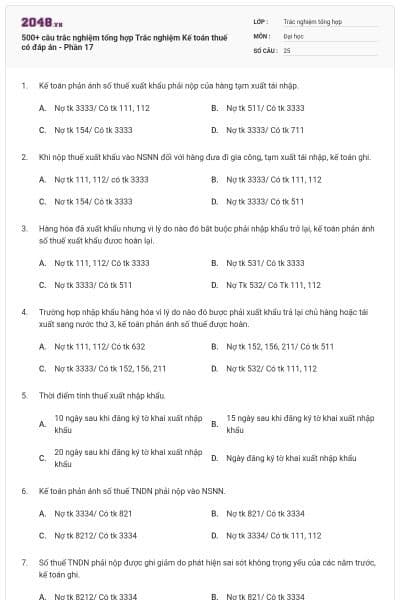 500+ câu trắc nghiệm tổng hợp Trắc nghiệm Kế toán thuế có đáp án - Phần 17