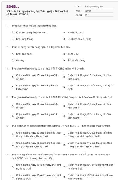 500+ câu trắc nghiệm tổng hợp Trắc nghiệm Kế toán thuế có đáp án - Phần 19