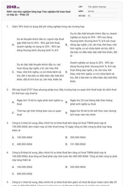 500+ câu trắc nghiệm tổng hợp Trắc nghiệm Kế toán thuế có đáp án - Phần 20